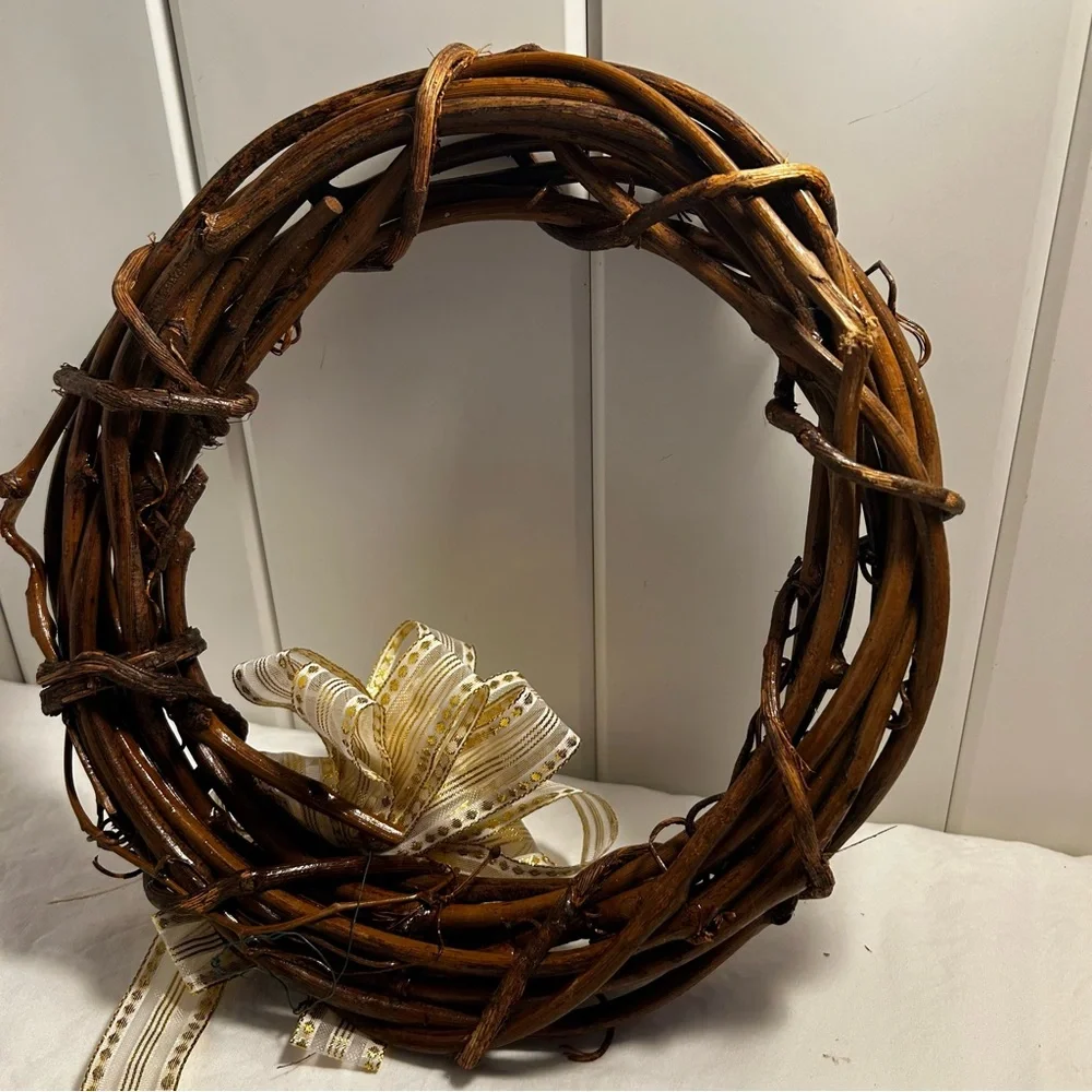 Grapevine Wreath Decorative Brown branch with Gold & White Ribbon
